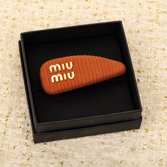 Women\'s Miu Miu Brown Corduroy Logo Hair Clip